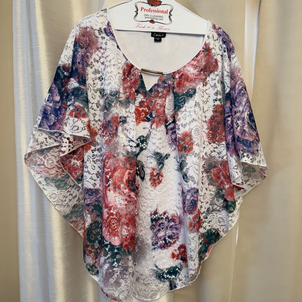 Simply Emma White Lace Tunic with Bold Pink & Purple Floral Print
